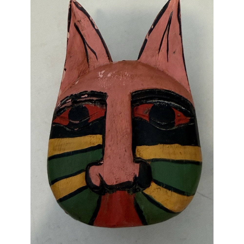 Vintage‎ Folk Art Cat Hand Carved Wood Trinket Box Multicolor Kitty